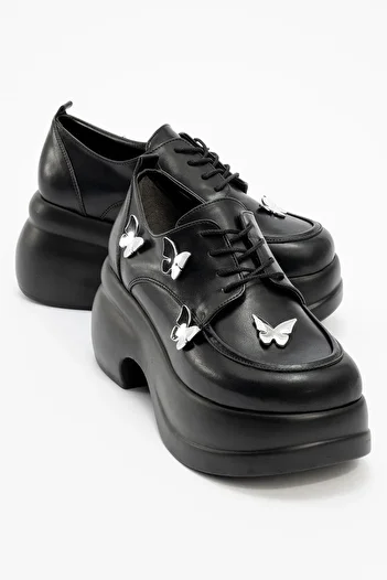 LuviShoes VANESS Чорні шкіряні черевики на шнурівці з метеликовою пряжкою та підборами на щоденне носіння