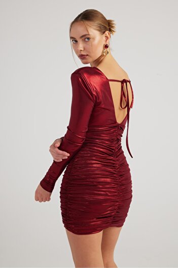 HOLLY LOLLY Parlak Kumaşlı Drapeli Mini Karly Elbise Bordo