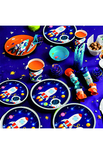 Masal Şekerleme Uzay Temalı, Space, Astronot 8 Kişilik Rozetli Doğum Günü Seti Pasta Süsü Dahil