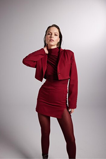 HOLLY LOLLY Mini Length Slit Detailed Panky Skirt Claret Red