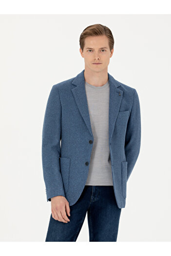 Cacharel Mavi Slim Fit Yün Karışımlı Flanel Ceket 50272639-VR036