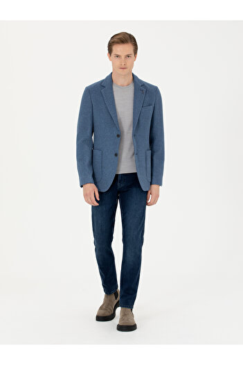 Cacharel Mavi Slim Fit Yün Karışımlı Flanel Ceket 50272639-VR036