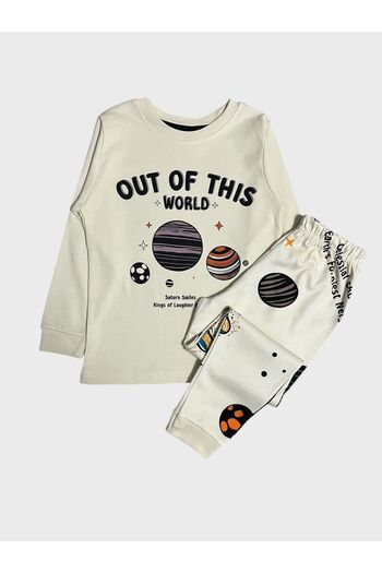 elmas kids Boy's 100% Cotton Ecru Planet Space Star Print Long Sleeve Winter Pajamas Set