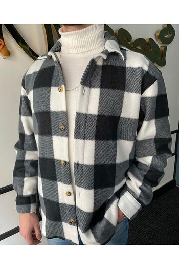 A&O Style Černá oversize kostkovaná tlustá zimní pánská fleecová košile