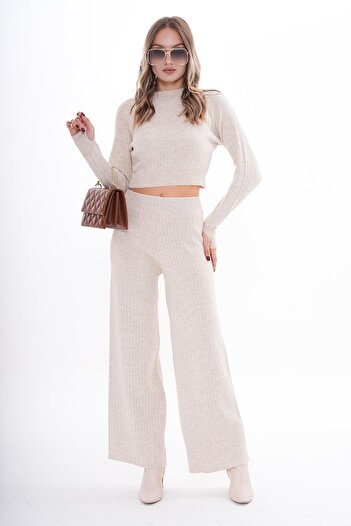 ŞİMAL Women's Knitwear Knitted Pants Crop Two-Piece Set 255047 -