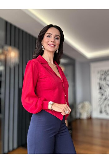 Atelier Derin Red Sleeves Chiffon Jacket Collar Blouse