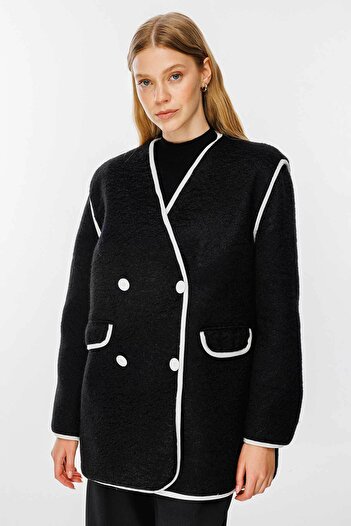 Hooopstore Stamp Black Blazer Jacket with Contrast Piping Detail