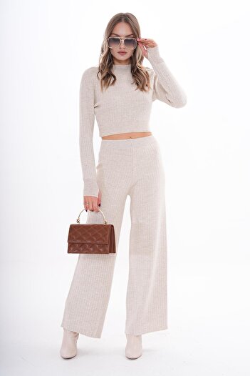 ŞİMAL Women's Knitwear Knitted Pants Crop Two-Piece Set 255047 -