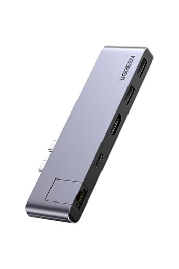 Ugreen 5 in 2 Hub Dual USB-C toHDMI+ 2USB 3.0 A+USB-C Female+Gigabit Ethernet Converter GRY
