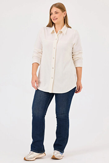 Gala-Xi Galaxi Women's Plus Size Snap Button Long Sleeve Shirt 10002421514025   Ecru