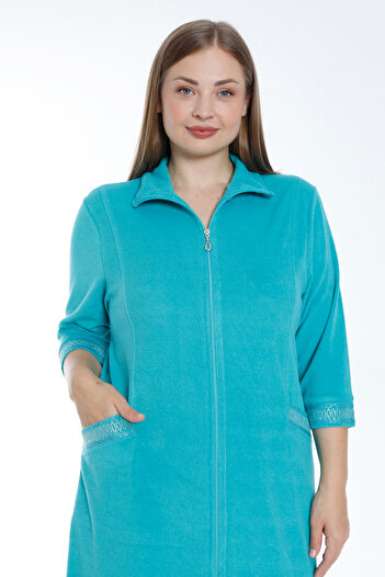 İntensive Women's Turquoise Three Quarter Sleeve Stone Detailed Pocket Cotton Terry Plus Size Dress