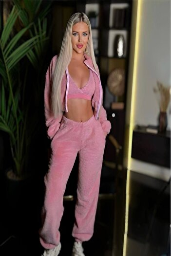 Fashiontayt PAÇASI VE BELİ LASTİKLİ CROP HIRKALI BÜSTİYERLİ 3LÜ PELUŞ TAKIM