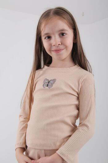 Perendi %100 Pamuklu Kelebek Nakışlı Kız Çocuk Sweatshirt Taş