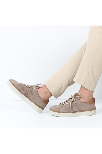 Celal Gültekin Ανδρικό δερμάτινο sneaker με κορδόνια από άμμο Nubuck