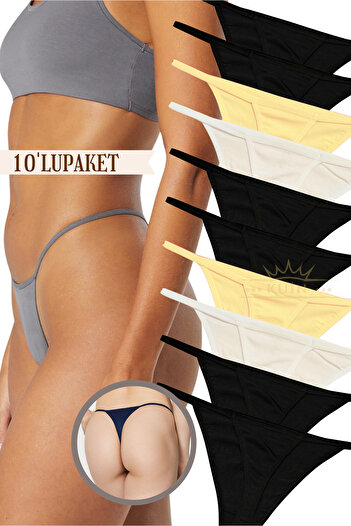 KUIN Pack of 10 Rope Strap Cotton, Lycra Combed String Thong Black Panties