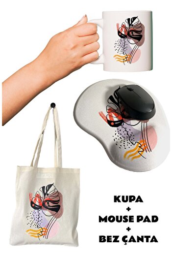 rakkun shop Подложка за мишка с печат с цветя и подложка за китката + чаша с капак + торбичка от суров плат