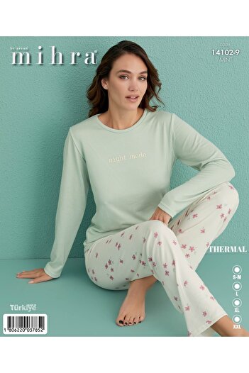 Olivia Thermal Mint Flower Pattern Long Sleeve Long Sleepwear Soft Texture Pajama Set