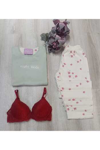 Olivia Thermal Mint Flower Pattern Long Sleeve Long Sleepwear Soft Texture Pajama Set