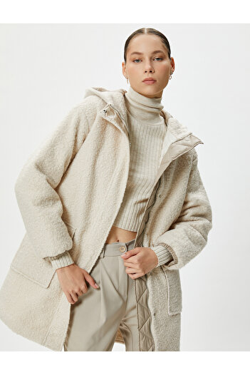 Koton Plush Long Coat Hooded Zippered Quilted Wind Flap Pockets