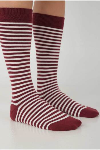 HEQA Striped Knee Socks Burgundy-White