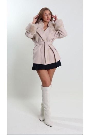 NOKTA GİYİM Short Sheepskin Women's Coat with Belt