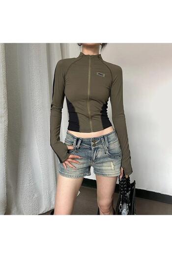 Köstebek Khaki Prix Zippered Long Sleeve Crop Cardigan