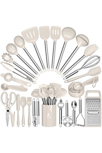 valletta Marbella 35 Pieces Stainless Steel Silicone Tip Spatula Kitchenware Set Vanilla