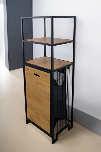 Digithome Metal Kirli Sepetli 3 Raflı Çok Amaçlı Banyo Düzenleyici Raf Organizer Siyah/atlantik Çam Mrs-008