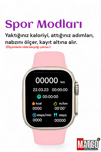 MATEO T900 ULTRA Pembe Akıllı Saat 49mm Bluetooth, Arama Özellikli, Sağlık Sensörlü, iOS & Android Uyumlu