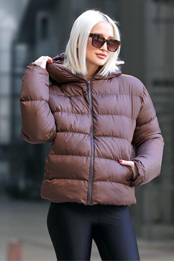 Madmext Brown Hooded Puffer Women's Coat MG1953