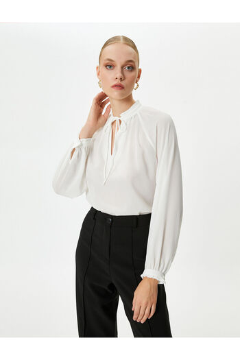 Koton Balloon Sleeve Blouse Frilly Collar Window Detailed Tied