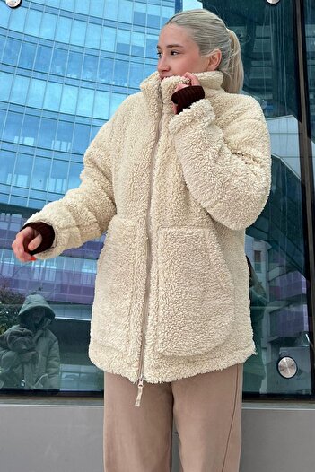 Madmext Ecru High Collar Pocketed Plush Coat Mg1948