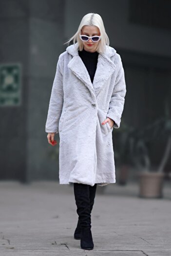 Madmext Gray Soft Textured Plush Coat MG1971