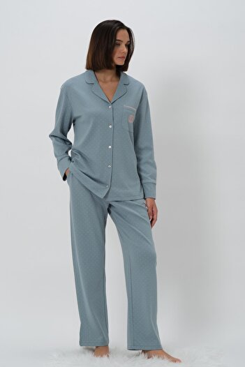 Zeyland Kadın Uzun Kol Önden Düğmeli Mavi Pijama Takım %100 Pamuk CTN83