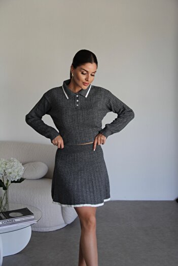 Julidress Anthracite Polo Collar Buttoned Sweater and Mini Skirt Bottom Top Knitwear Set