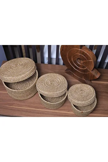 BDZ DERİ Jute Wicker Hand Woven 3-Piece Covered Basket Set Organizer