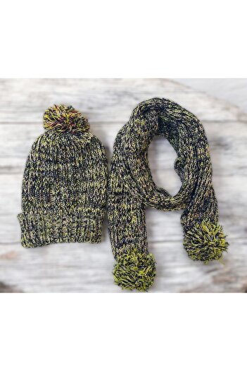 BEBEĞİME ÇORAP Hat Single Pompom Scarf-Beanie Set -Children's Scarf-Beanie Set