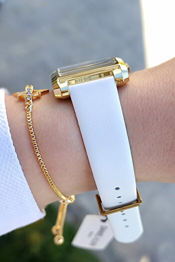 Daniel Klein Gold Yellow Rectangular Case White Leather Strap Women's Wrist Watch with Rhinestone Bracelet Gift