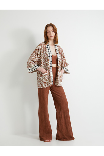 Koton Oversize Kimono Viscose Linen Blended Half Sleeve with Pocket