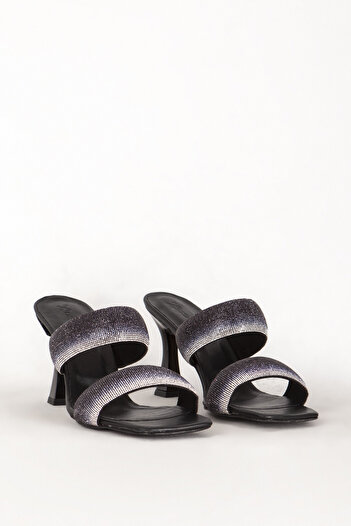Dericlub Stone Detailed Double Banded Black Women's Evening Dress Heeled Slippers - Zy 7719