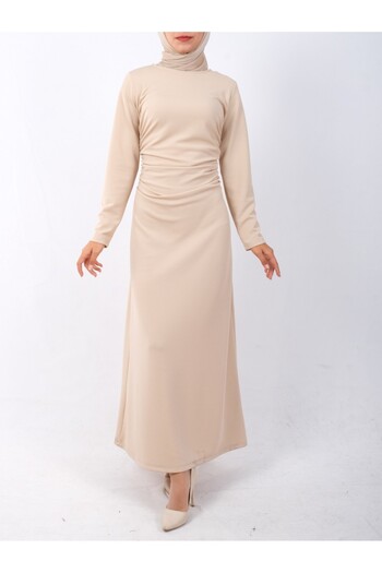 Modamorfo Beige Knitted Crepe Dress - Drawstring Waist and Lycra