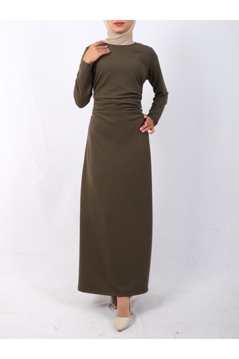 Modamorfo Waist Drawstring Knitted Crepe Lycra Dress -Khaki