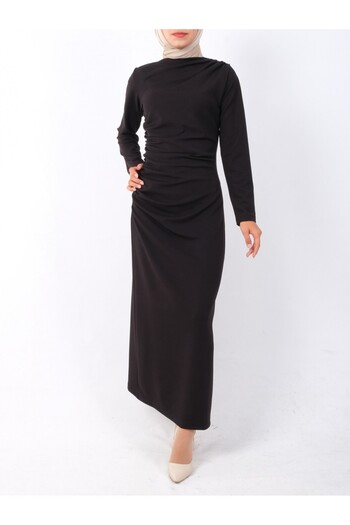 Modamorfo Boat Neck Side Draped Knitted Crepe Dress - Black