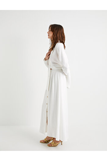 Koton Midi Skirt High Waist Buttoned Viscose Mixed