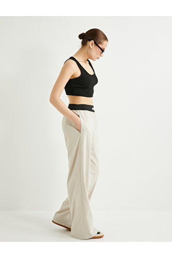 Koton Wide Leg Trousers Elastic Waist Color Contrast Viscose Fabric Mixed
