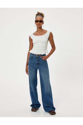 Koton Madonna Collar Off-The-Shoulder Blouse Wrapped Lace Detail Short Sleeve Drawstring Waist