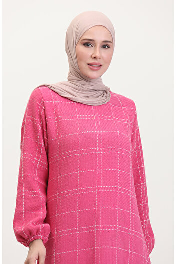 sefamerve Tuvit Kareli Elbise 0531-03 Pembe