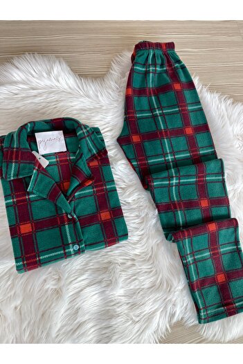 Pijamacs Green Plaid Print Front Button Fleece Pajamas Set