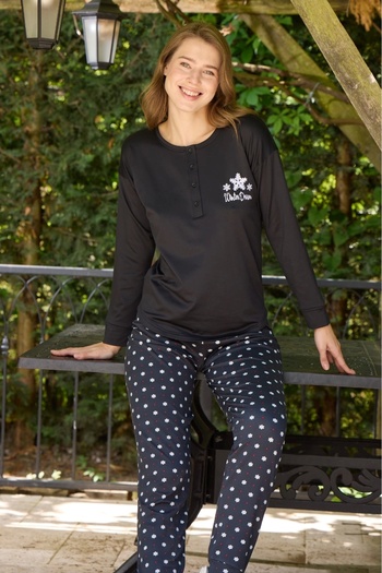 Pijamoni Buttoned Collar Long Sleeve K. Black Pajama Set - 8700