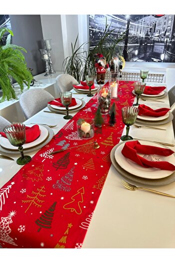 Decamor home Yeni Yıl Temalı Kırmızı Ağaç Desenli Uzun Runner Yılbaşı Masası Yılbaşı Runner (PEÇETE DAHİL DEĞİL)